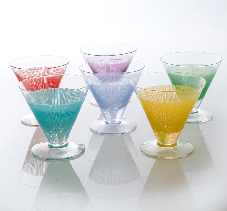 BENGT ORUP, 6 st, cocktailglas, "Stripe", Johansfors, 1950-tal.