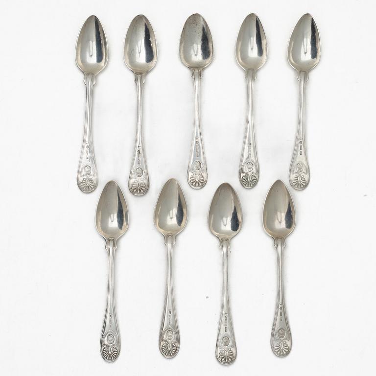 Nine Swedish silver teaspoons from Karlskrona, including with mark of Petter Fredrik Sundberg, 1853.
