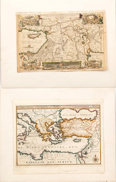 Kartor över Det Heliga Landet, 2 st, Augustin Calmet 1726 samt Jacob & Hendrik Keur 1748, handkolorerade kopparstick.