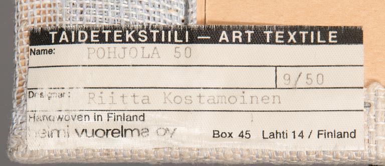 Riitta Kostamoinen, a tapestry signed RK and numbered 9 /50 for Helmi Vuorelma. Circa 100x150 cm.