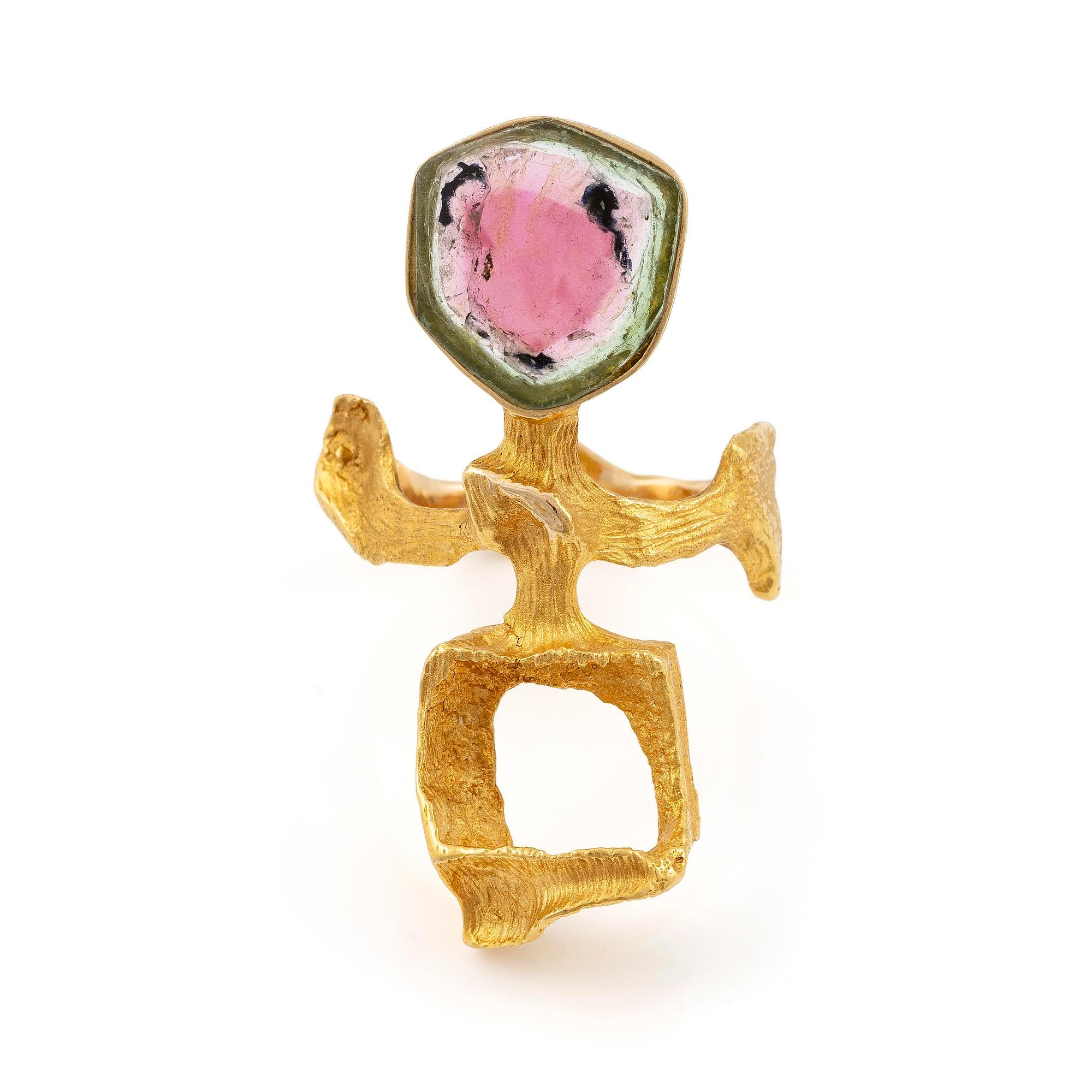 Björn Weckström, a ring, "Heijastus", 14K gold with watermelon tourmaline, Lapponia 1974.