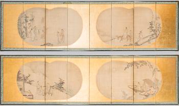 UNIDENTIFIED ARTIST, Two 17th-Century Japanese folding screens, watercolour on paper, signed.