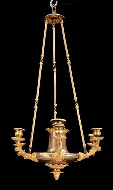 A French Empire early 19th century gilt bronze six-light hanging-lamp.