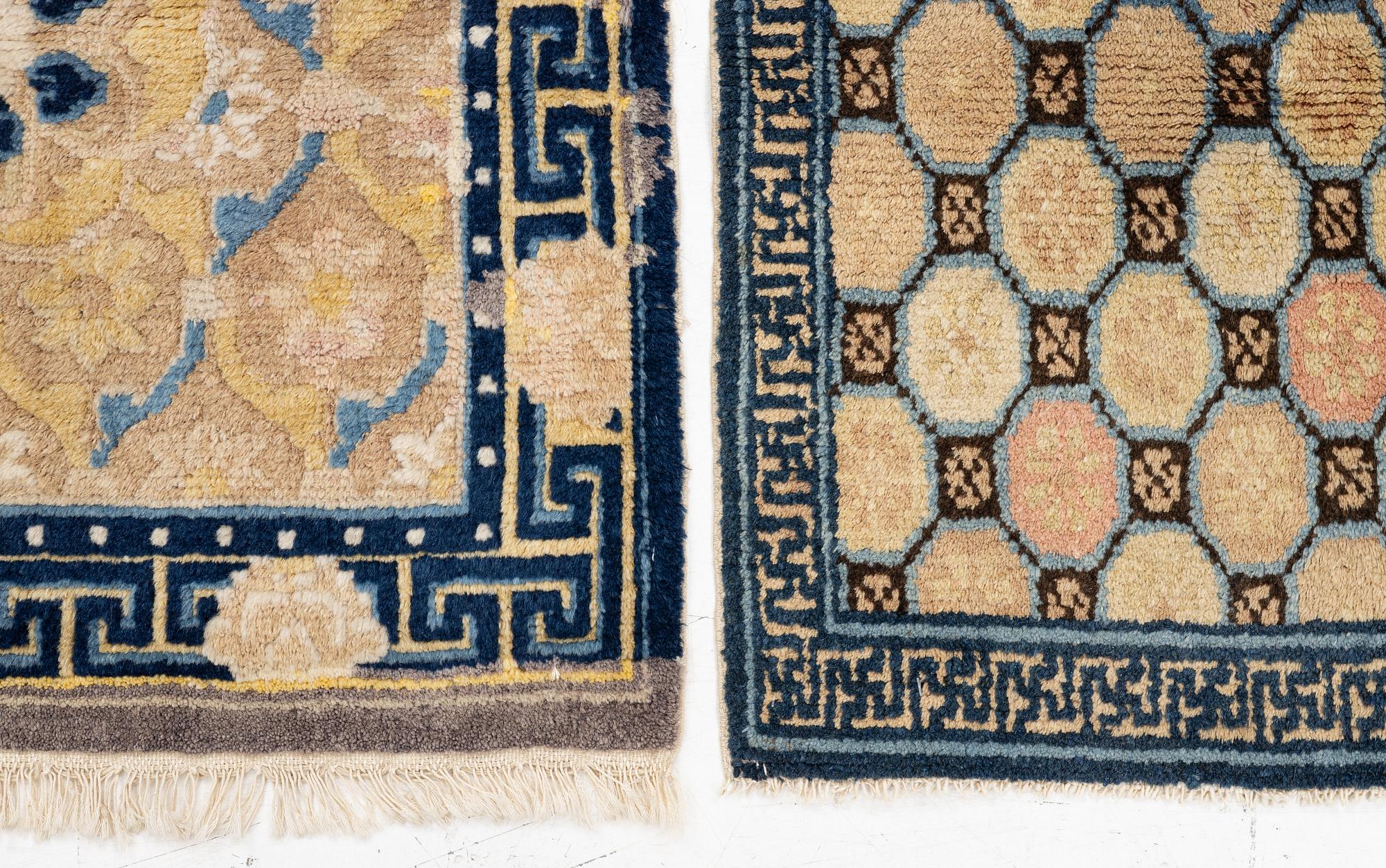 Two antique Ningxia meditation rugs, Qing dynasty, 19th century. c. 67 x 72 and 71 x 73 cm.