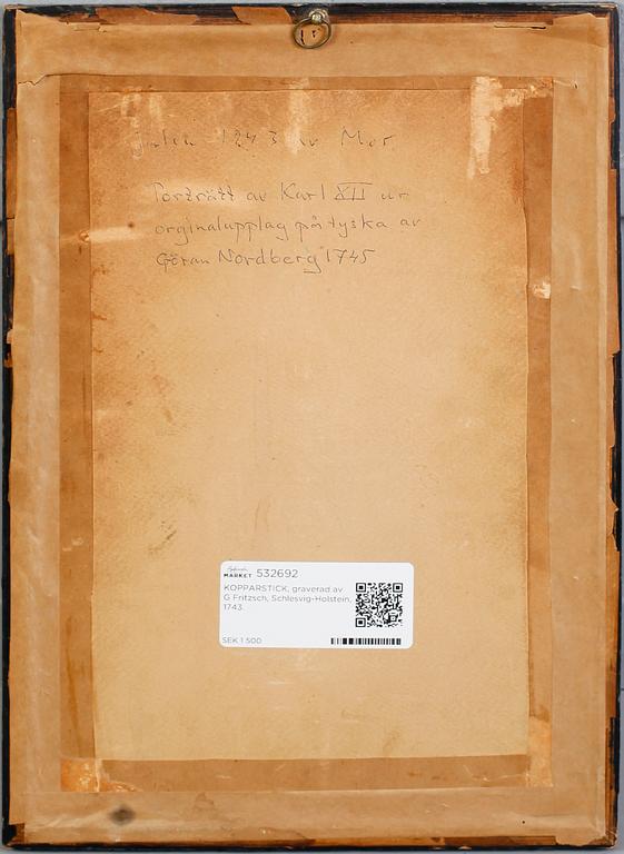KOPPARSTICK, graverad av G Fritzsch, Schlesvig-Holstein, 1743.