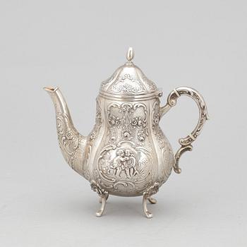 KAFFESERVIS, 4 delar, silver, rokokostil, bla Tyskland, svenska importstämplar. Tot ca 570 gram.