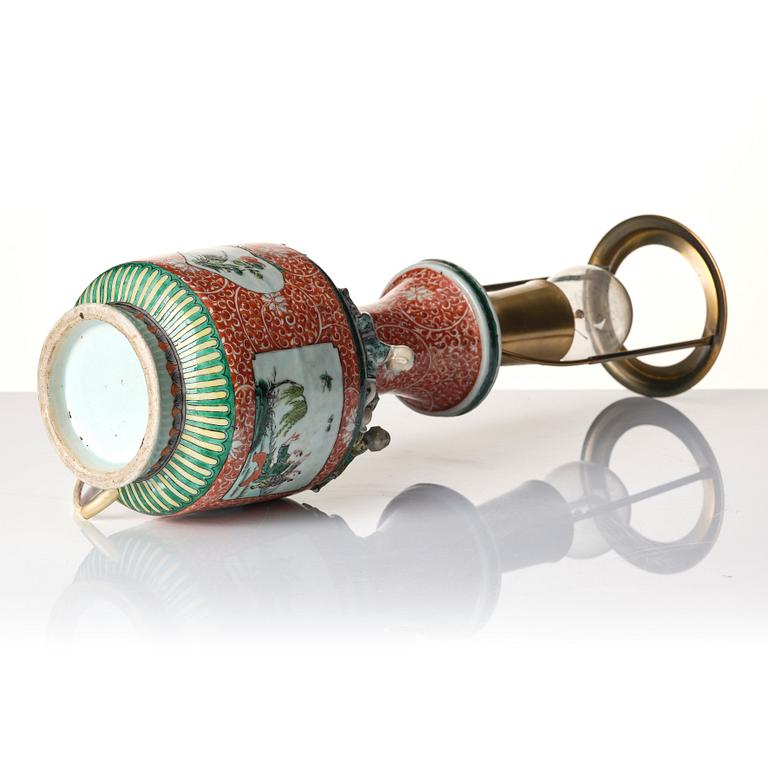 A Chinese porcelain vase, made in to a lamp, Qing dynasty.