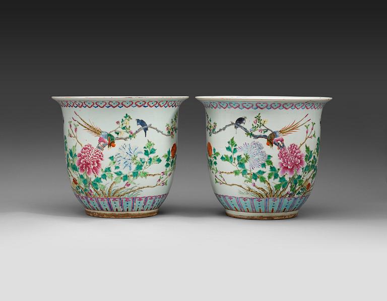 A pair of large flower pots enameled in 'famille rose' with birds and peonies, late Qing Dynasty (1644-1912).