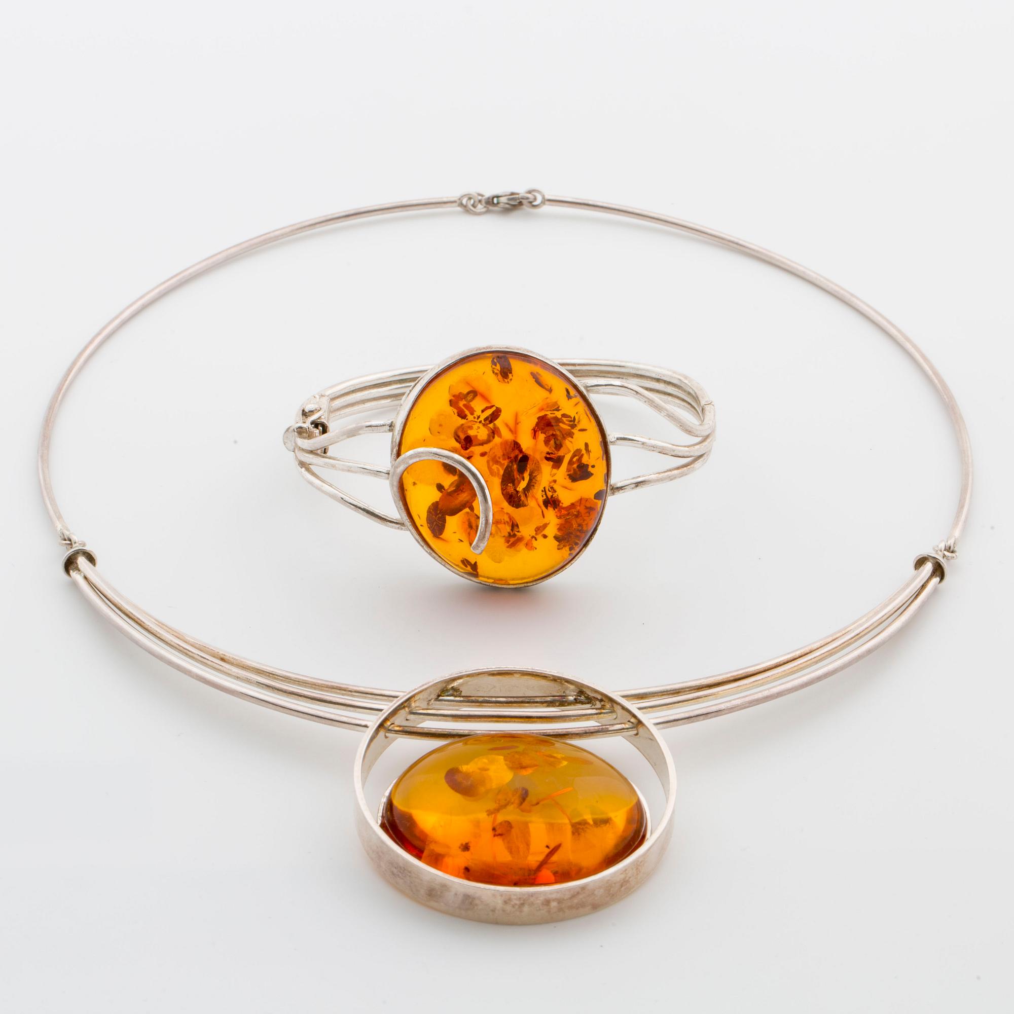 NECKLACE and BANGLE, silver and amber, Poland, W. Kruk.