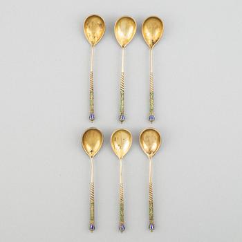A set of six Russian silver-gilt and enamel spoons, Moscow 1908-17.