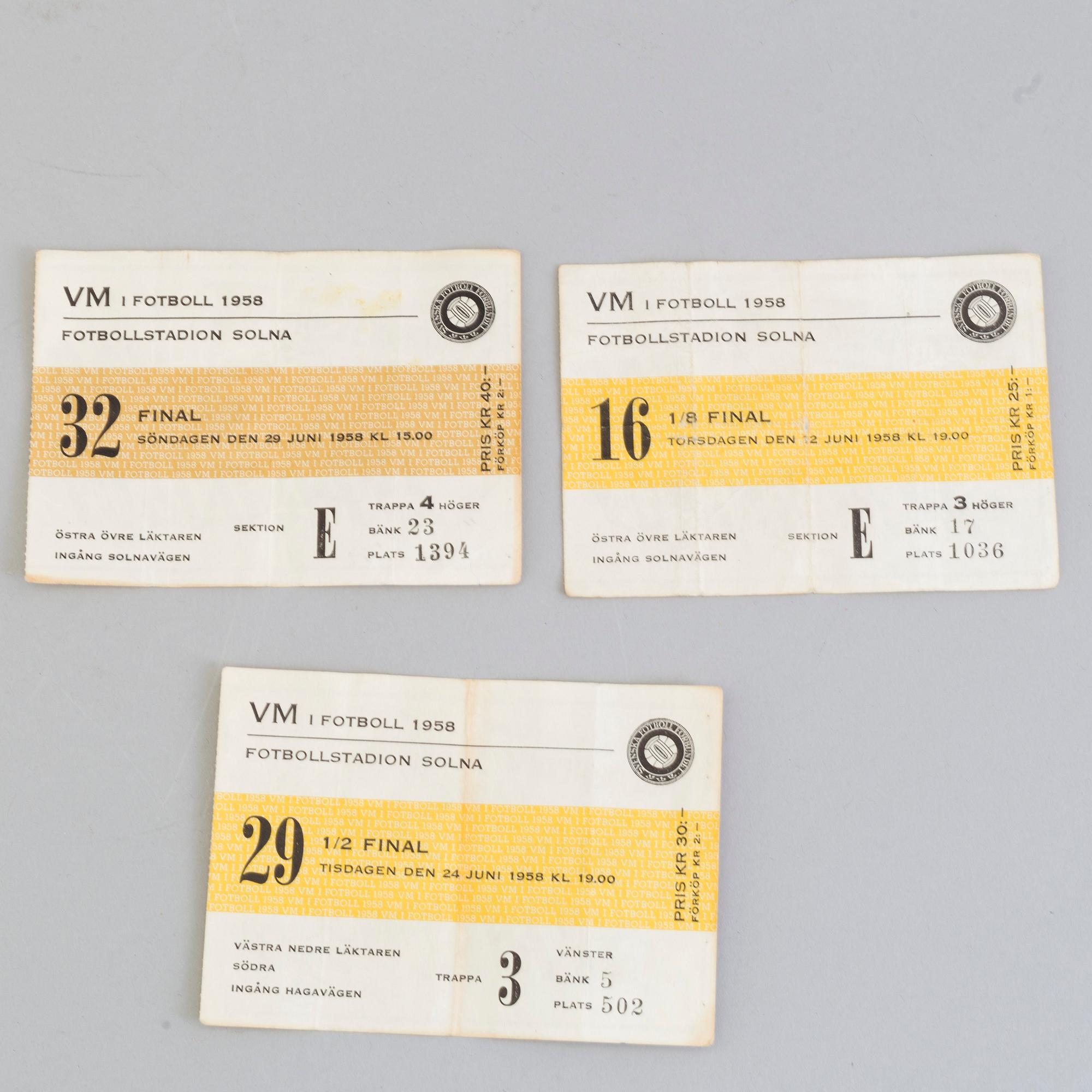 Officiellt VM program, final 1958, Sverige-Brasilien, 29 juni kl.15.00, medföljer 2 matchhäften och tre lösa biljetter.