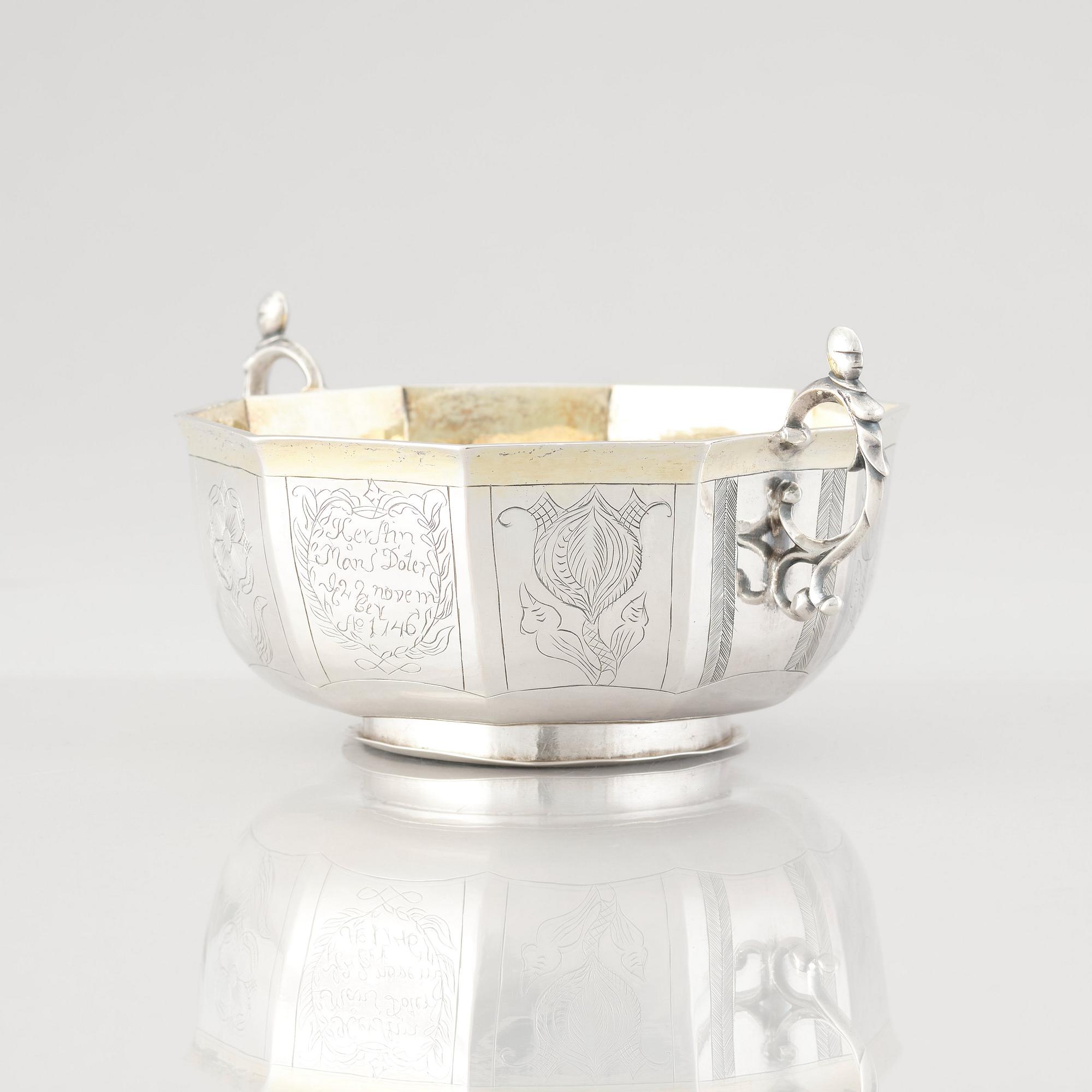 A Swedish Baroque parcel-gilt silver brandy-bowl, mark of Samuel Nordsten, Karlskrona, 1746.