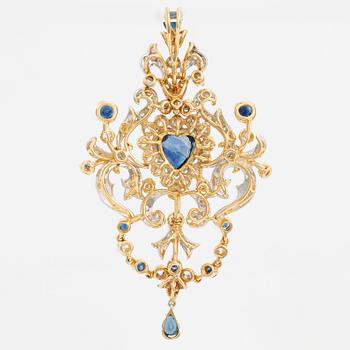 Pendant, 18K gold with blue sapphires and brilliant- and eight cut diamonds.