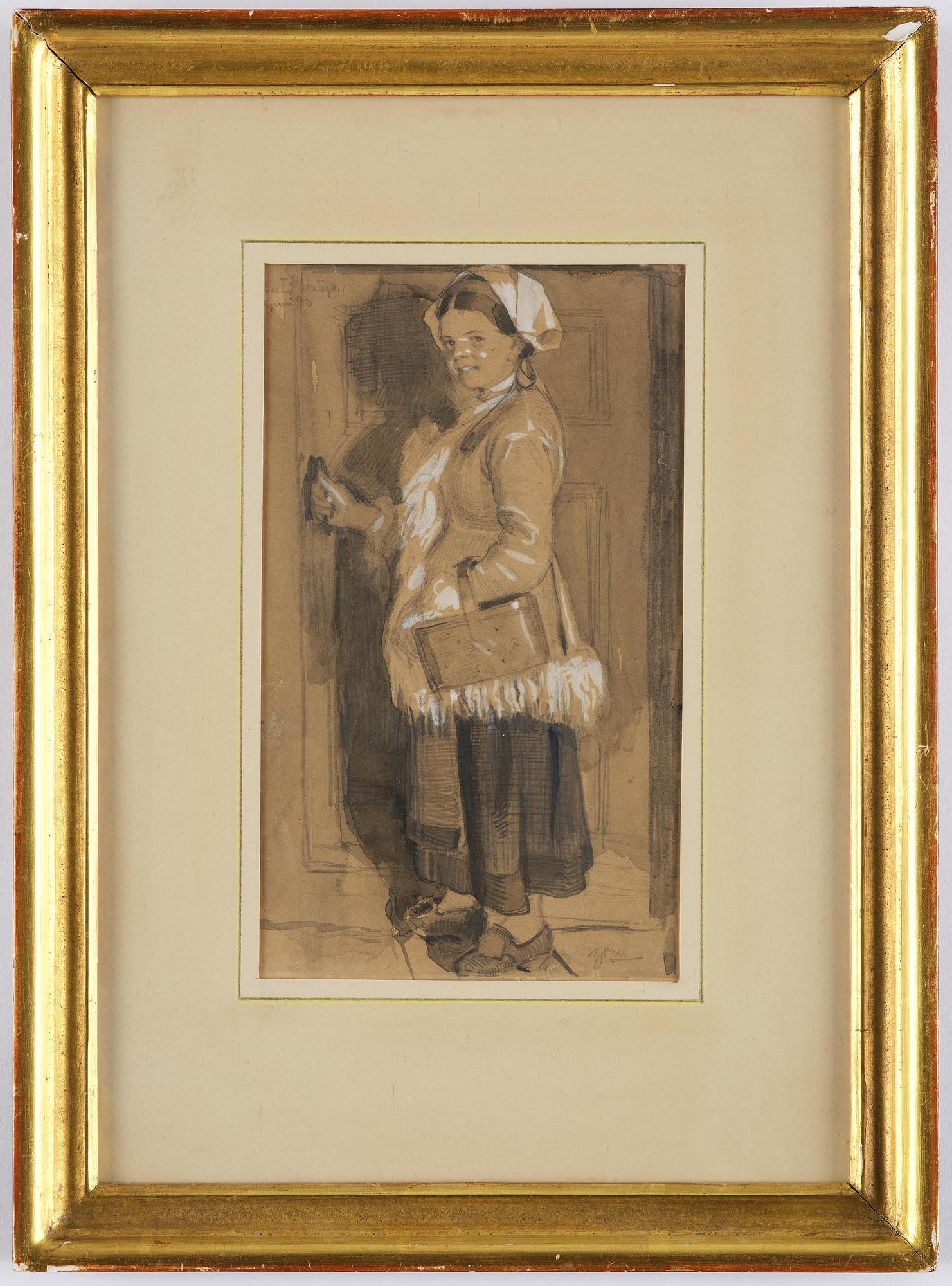 Anders Zorn, "Orsakulla vid dörr med korg på armen".