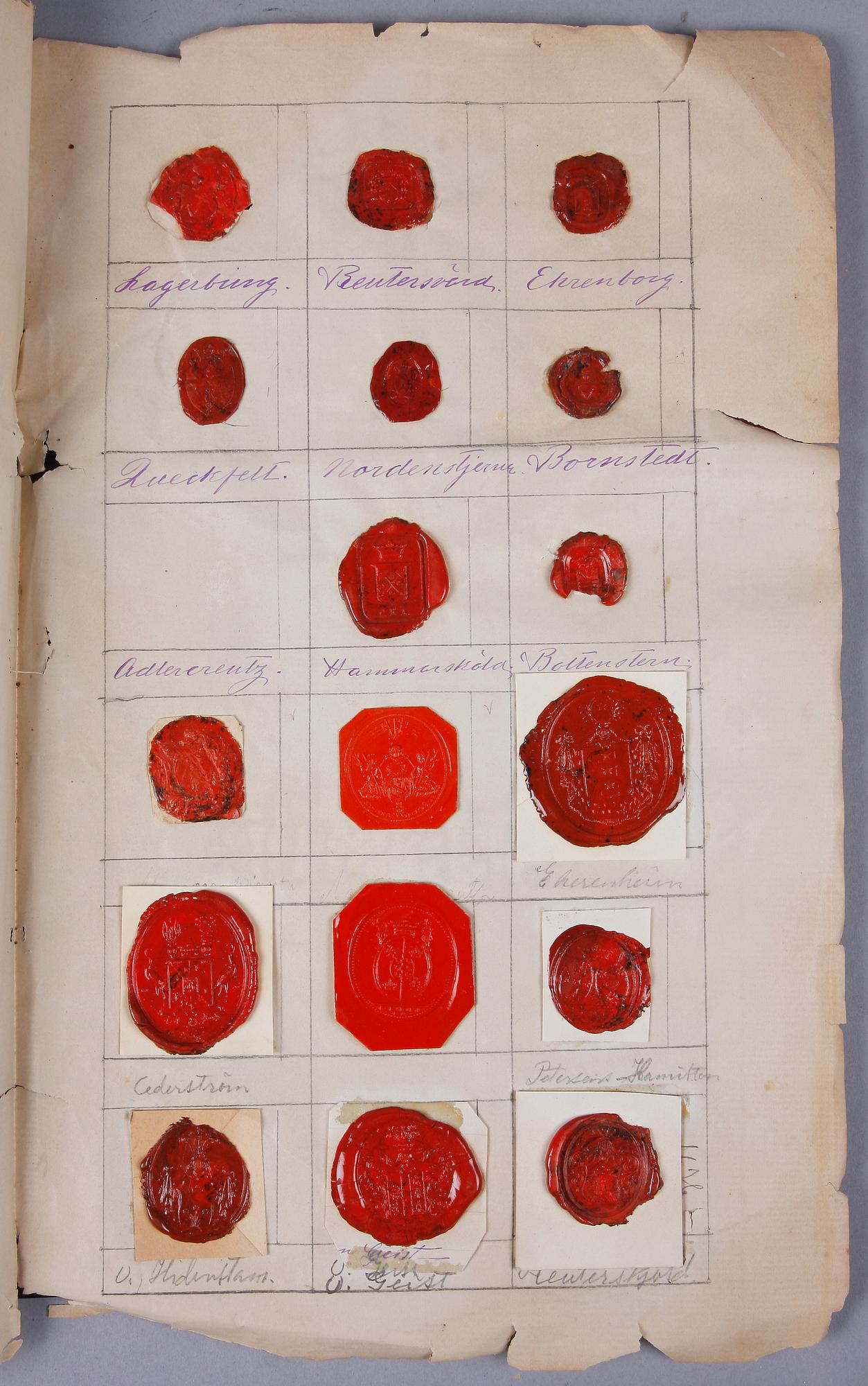 SIGILLSAMLING, 8 blad, svenska adliga ätter, 1800-tal.