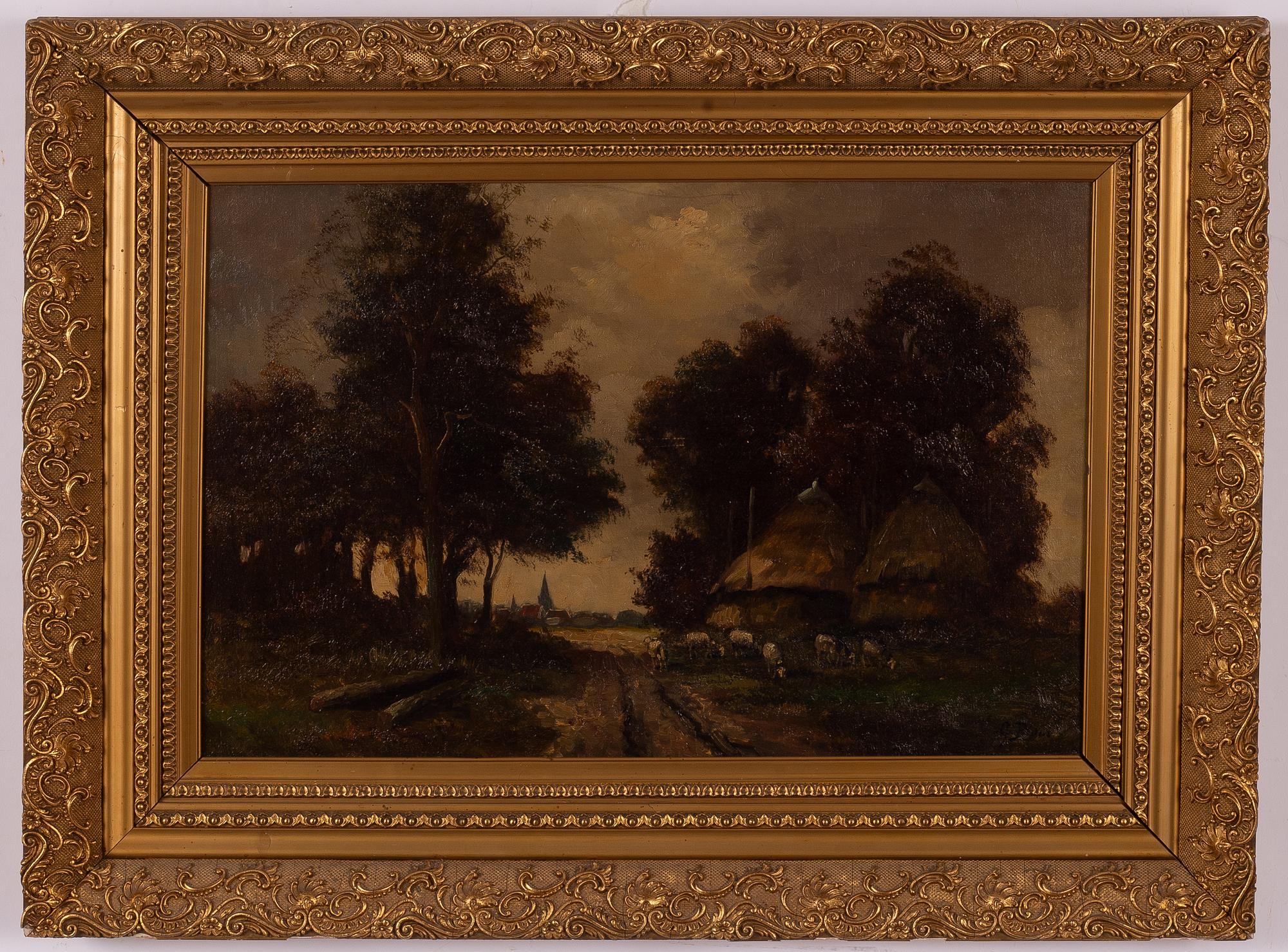 Unknown artist, 19th century, Landscape with figures and sheep.