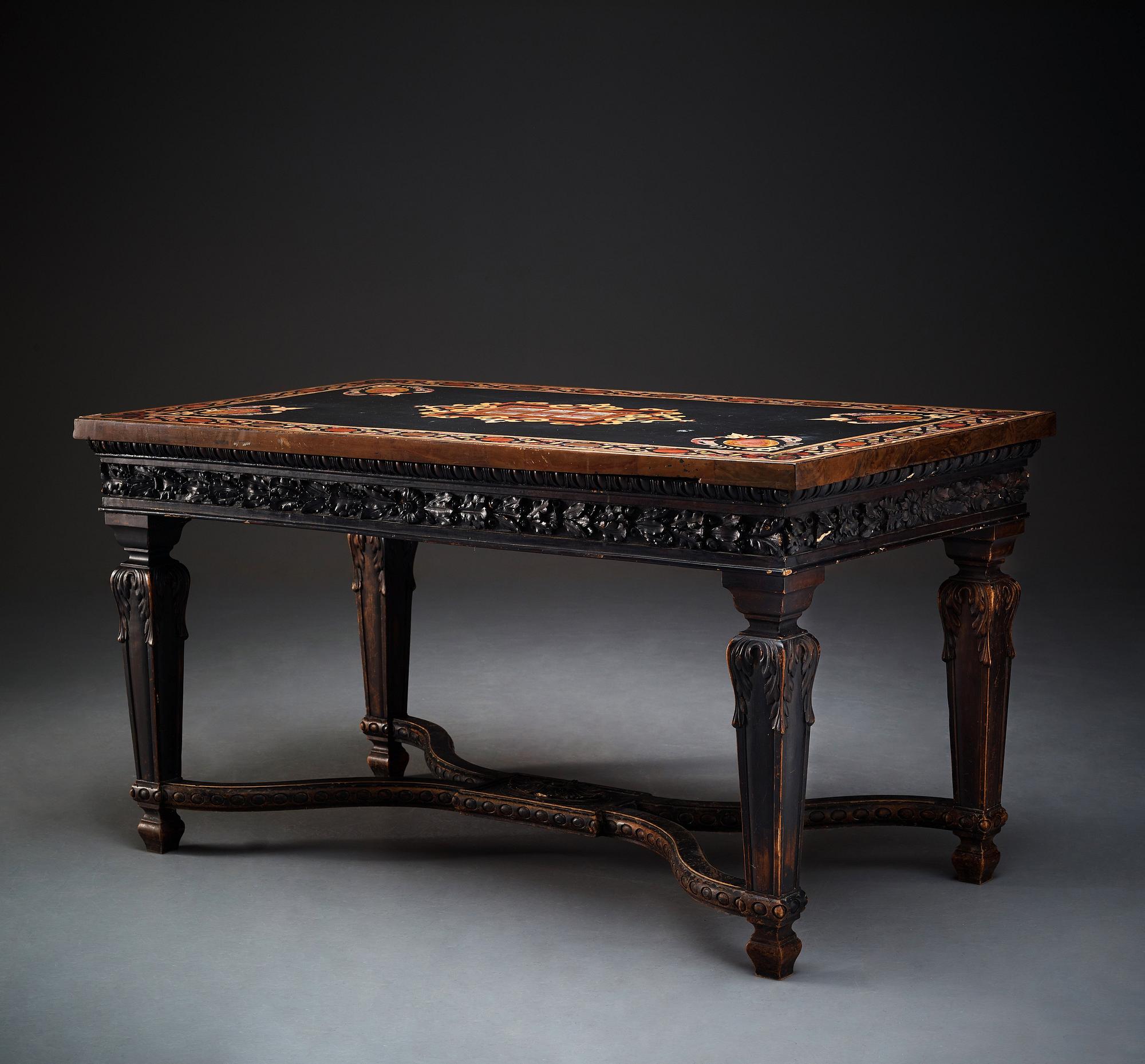 A pietre dure top, Italy, circa 1900, probably Rome or Naples. The stand in Louis XIV-style.