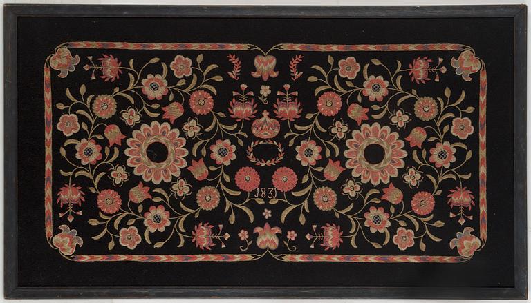 AN EMBROIDERY, wool on wool, ca 73,5 x 132 cm (plus 3 cm frame), Sweden first half of the 20th century, probably Scania.