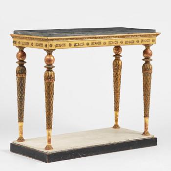 A late Gustavian giltwood console table in the manner of Jonas Frisk, Stockholm, circa 1800.