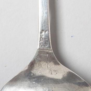 Lorenz Westman sannolikt, sked med kerubknopp, silver, Stockholm (verksam 1656-1682), barock.