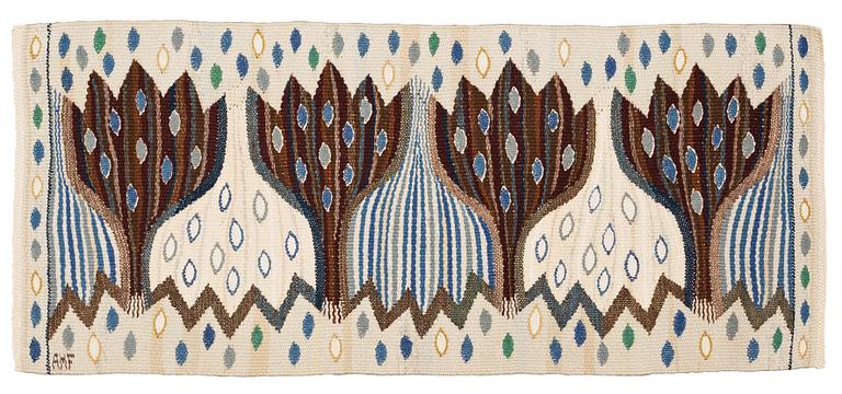TEXTILE. "Blå Crocus". Tapestry weave variant. 32,5 x 75  cm. Signed AMF.