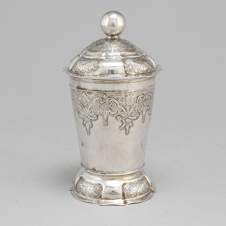 An 18th century silver beaker and cover, fantacy marks like Swedish pewter marks.