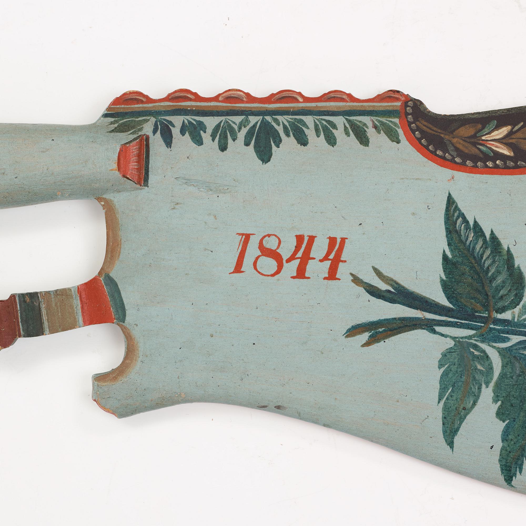 A painted traditional folk art flax knife, attributed to Per Schenler, Norrala, Hälsingland. Dated 1844.