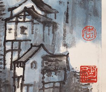 A painting by Li Xingjian (1937-), 'Chunyu mengmeng jiangcheng', signed och dated 1982.