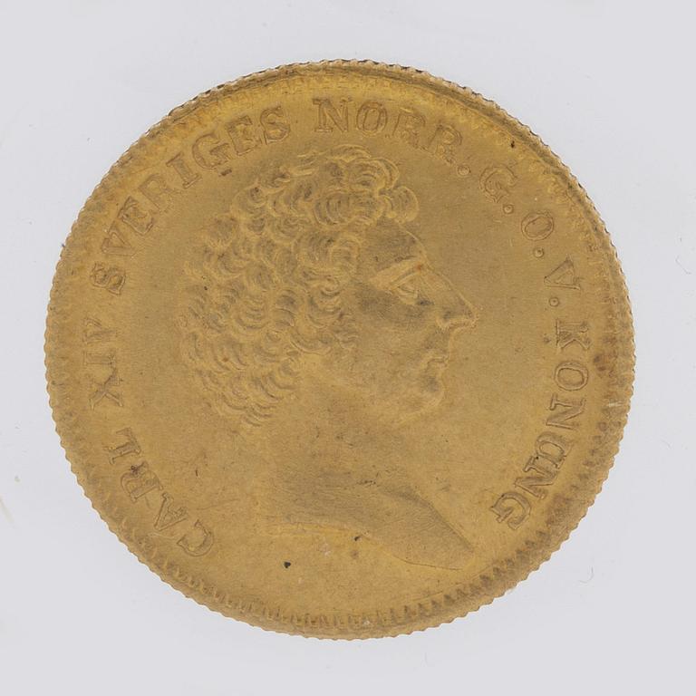 A gold 1 ducat coin Karl XIV Johan of Sweden, 1835.