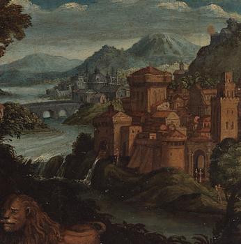 Adriaen van Stalbemt Attributed to, Landscape with St. Jerome.