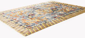 A semi-antique chinese ' Five dragon' silk carpet, c 335 x 254 cm.
