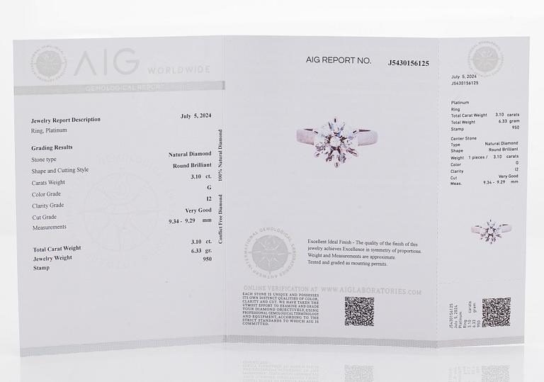A platinum ring, with a brilliant-cut diamond approximately 3.10 ct. Domino Jewellery, Birmingham, England.