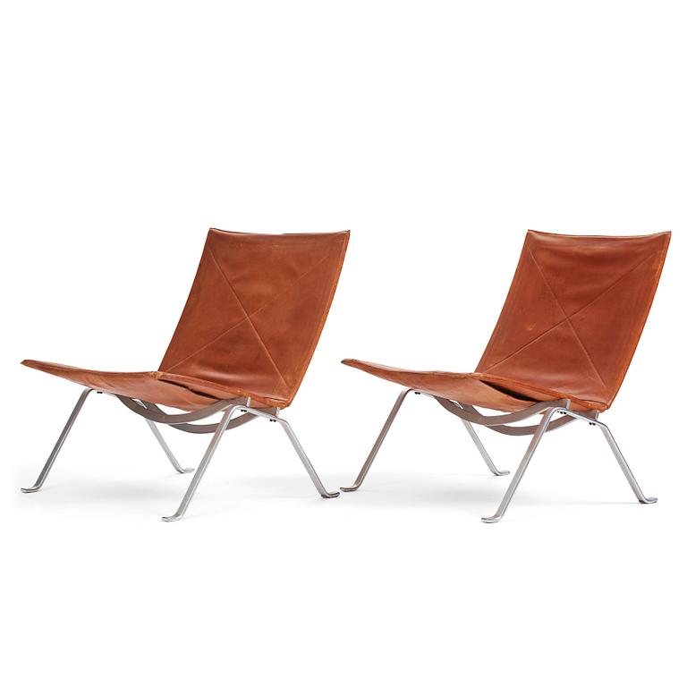 Poul Kjaerholm, a pair of brown leather 'PK22' chairs, edition E Kold Christensen, Denmark.