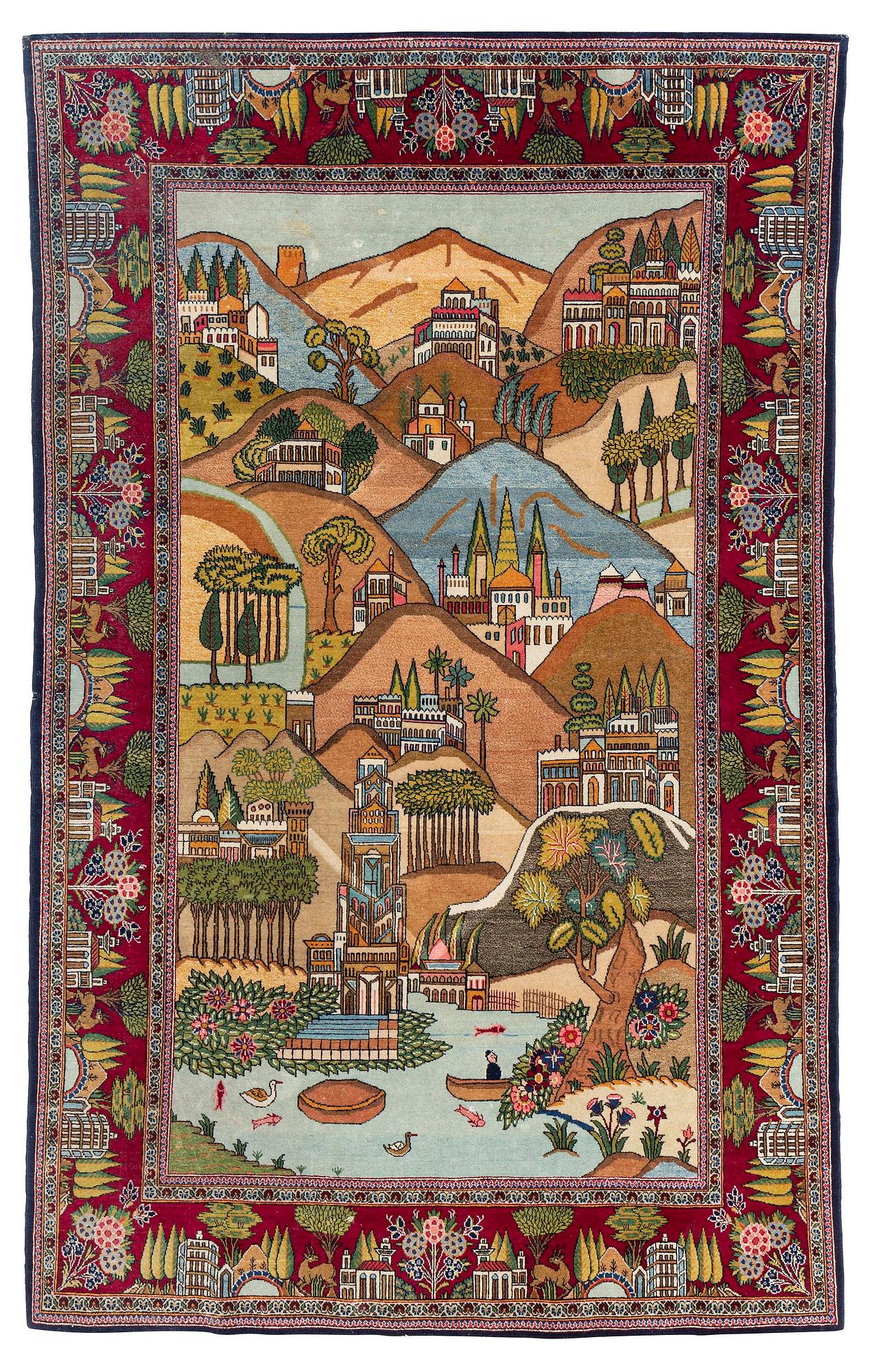 A semi-antique pictoral Kashan rug, c. 212 x 130 cm.