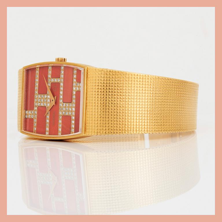 MANSCHETTKNAPPAR samt ARMBANDSUR, 18K guld med korall och olika slipade diamanter, Omega.