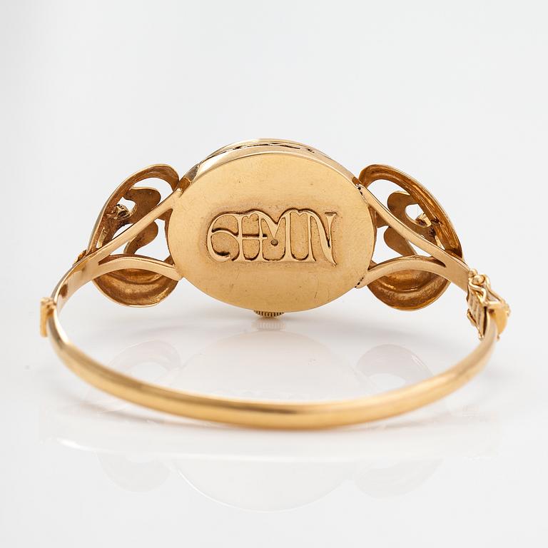 Armband/armbandsur, örhängen och brosch, 18K guld, ametister, syntetiska korunder och odalde pärlor.
