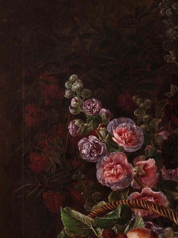 Johan Laurentz Jensen, Stilleben med stockrosor, prästkragar, blåklint, vallmo, kornax, rönnbär och en fruktkorg.