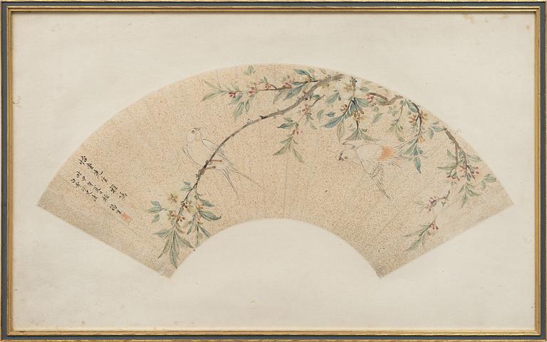 Oidentifierad konstnär, s.k. "Solfjädersmålning", Svalor med blommande prunus, Kina, sen Qingdynasti / tidigt 1900-tal.