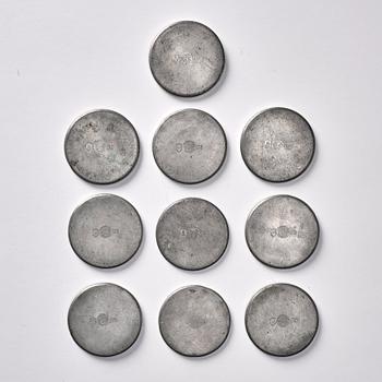 Firma Svenskt Tenn, a set of 10 pewter glass coasters, Svenskt Tenn Sweden 1934 ( 2) and 1946. Alva & Gunnar Myrdal Collection.