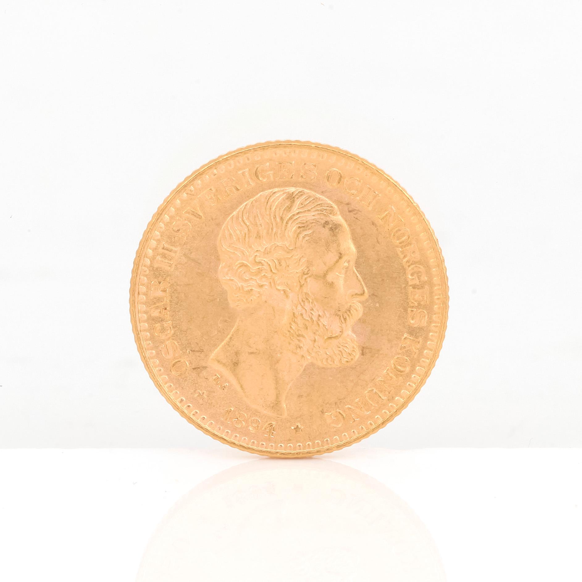GULDMYNT, 10 kronor, Oscar II av Sverige och Norge 1894. Vikt ca 4,5 gram.