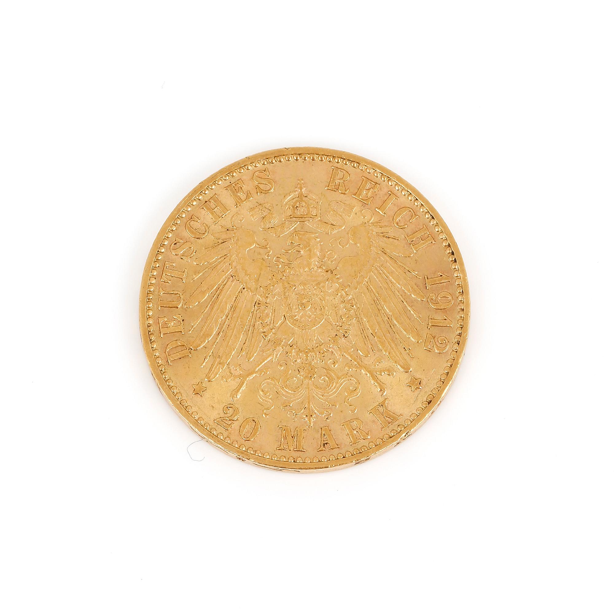 GULDMYNT, 20 Mark, Kejsar Wilhelm II, Tyskland 1912. Vikt ca 7 gram.