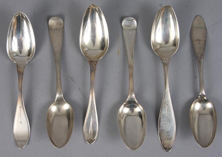 SKEDAR, 6 st, silver, Johan Ekholm, Stockholm, 1700-talets slut, Bengt Tornberg, Linköping, 1834 mm.