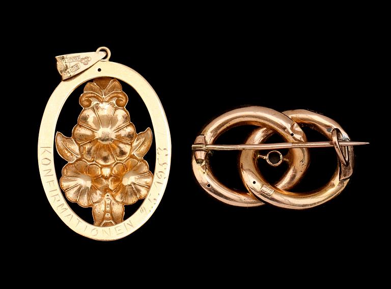 BROSCH, HÄNGE OCH ARMBAND, 14K/18K guld. Total vikt ca 9 g.