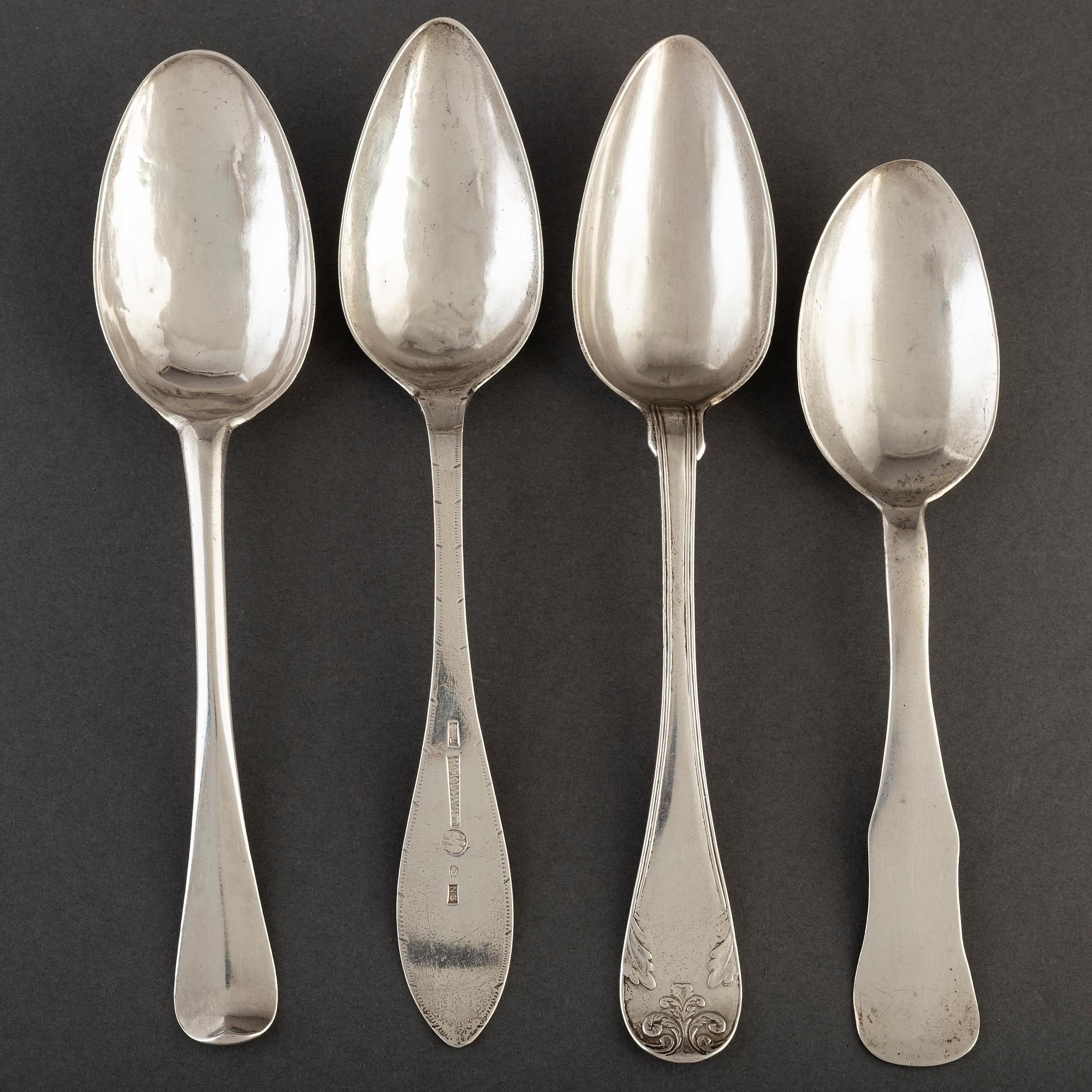 Skedar, 4 st olika, silver, 17-/1800-tal, bl a Otto Wilhelm Kjellberg, Västerås 1840.