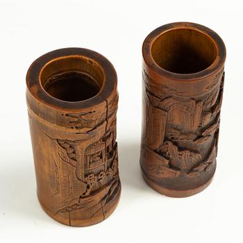 Two Chinese bamboo brush stands, late Qing dynasty / 20th century.