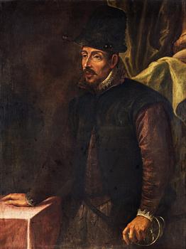 413. Leandro Bassano Tillskriven, Italiensk ädling med svart hatt, violett klädnad med en svart jacka med vänstra handen vilande på ett svärdsfäste.