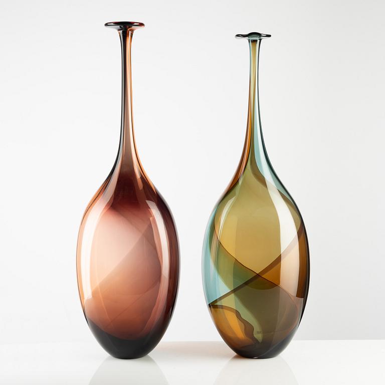 Kjell Engman, five "Fidji" glass vases, Kosta Boda, Sweden, two are limited edition.