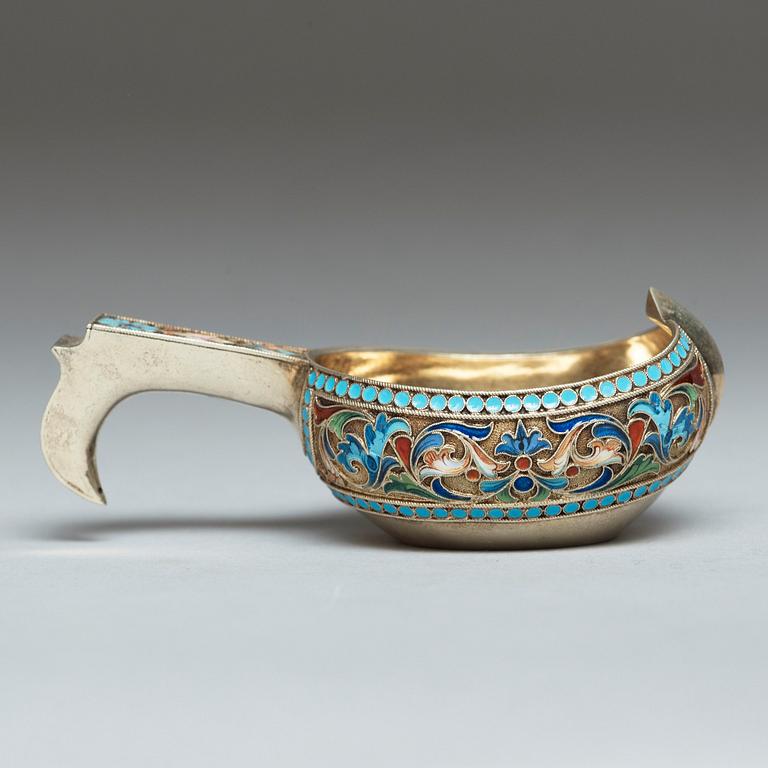 A Russian early 20th century silver-gilt and enamel, makers mark of Pavel Ovchinnikov, Moscow 1899-1908.