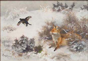 Bruno Liljefors, Winter landscape with fox and blackcock.
