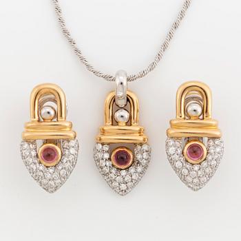 18K gold, diamond and most likey tourmaline necklace and earrings.